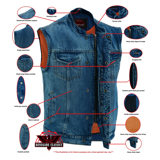 Men's Blue Denim Motorcycle Vest with Lace & Pockets